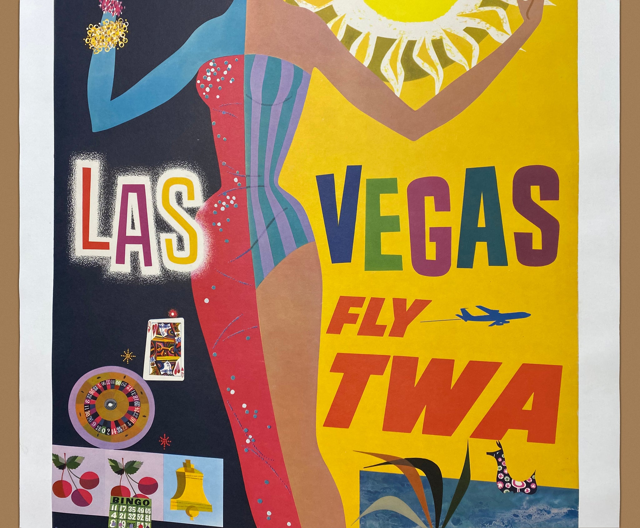 c.1960s Las Vegas Fly Poster TWA David Klein Airline Vintage c.1960s Las Vegas Fly Poster TWA David Klein Airline Vintage