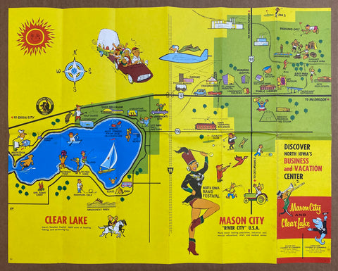 c.1970 Mason City and Clear Lake Iowa Pictorial Cartoon Map