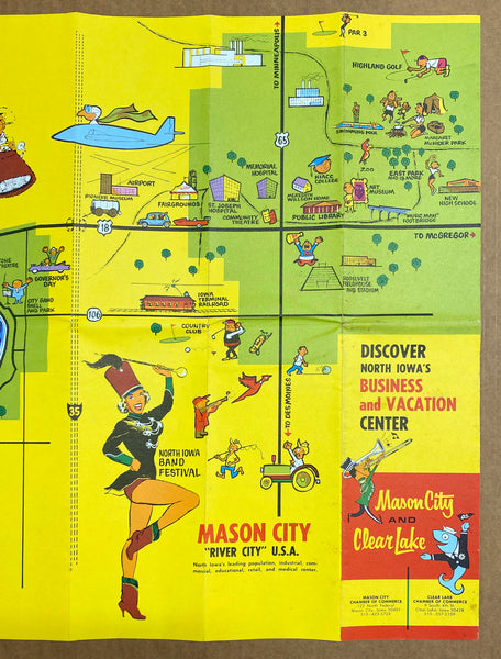 c.1970 Mason City and Clear Lake Iowa Pictorial Cartoon Map