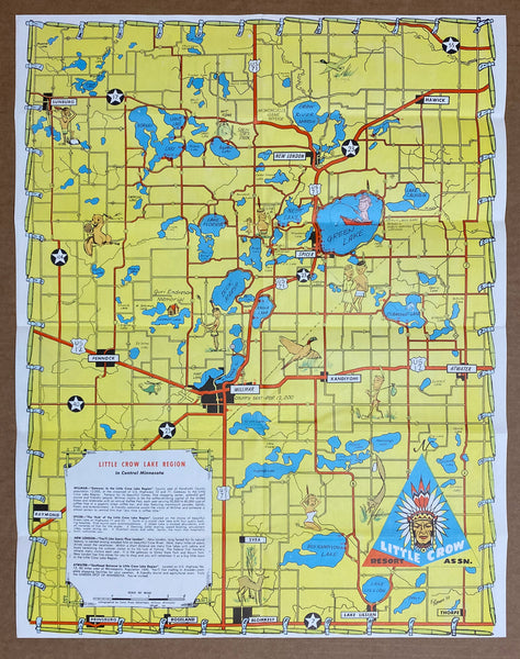 1959 Little Crow Lake Region of Minnesota Pictorial Cartoon Map