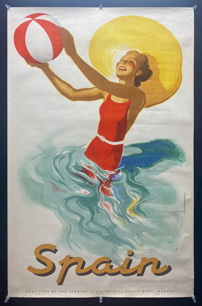 c.1939 Spain Travel Woman With Beach Ball Josep Morell Marcias