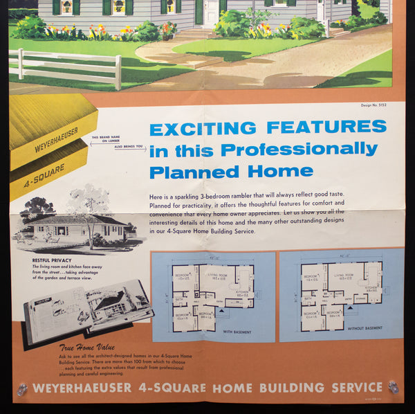 1954 Weyerhaeuser 4-Square Home Plan Service Poster No. 5152 Atomic Age Vintage