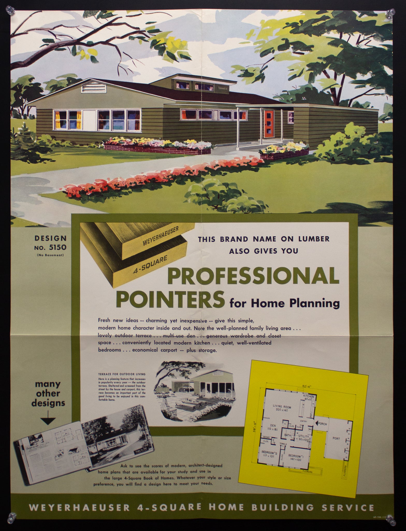 1953 Weyerhaeuser 4-Square Home Plan Service Poster No. 5150 Atomic Age Vintage