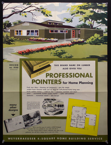 1953 Weyerhaeuser 4-Square Home Plan Service Poster No. 5150 Atomic Age Vintage
