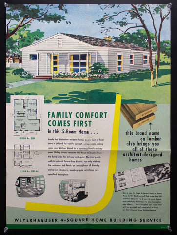 1953 Weyerhaeuser 4-Square Home Plan Service Poster No. 5149-NB Atomic Age Vintage