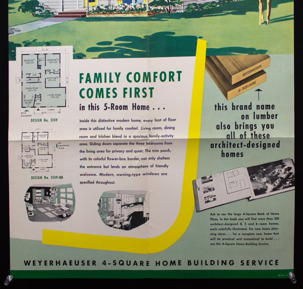 1953 Weyerhaeuser 4-Square Home Plan Service Poster No. 5149-NB Atomic Age Vintage