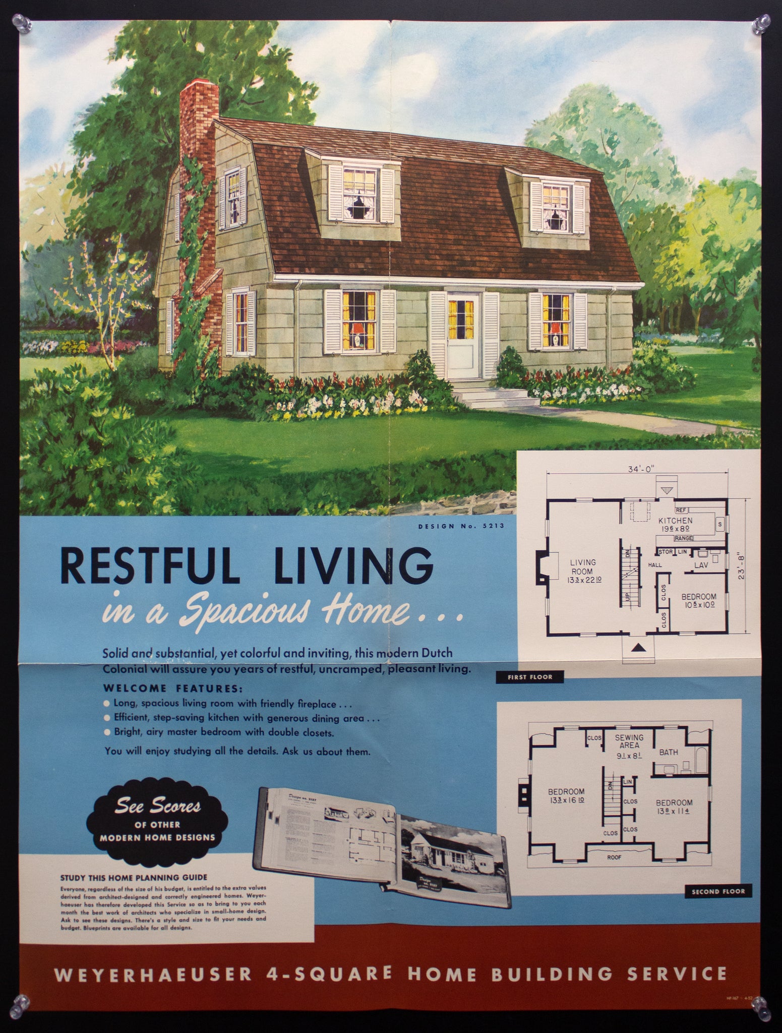 1952 Weyerhaeuser 4-Square Home Plan Service Poster No. 5213 Atomic Age Vintage