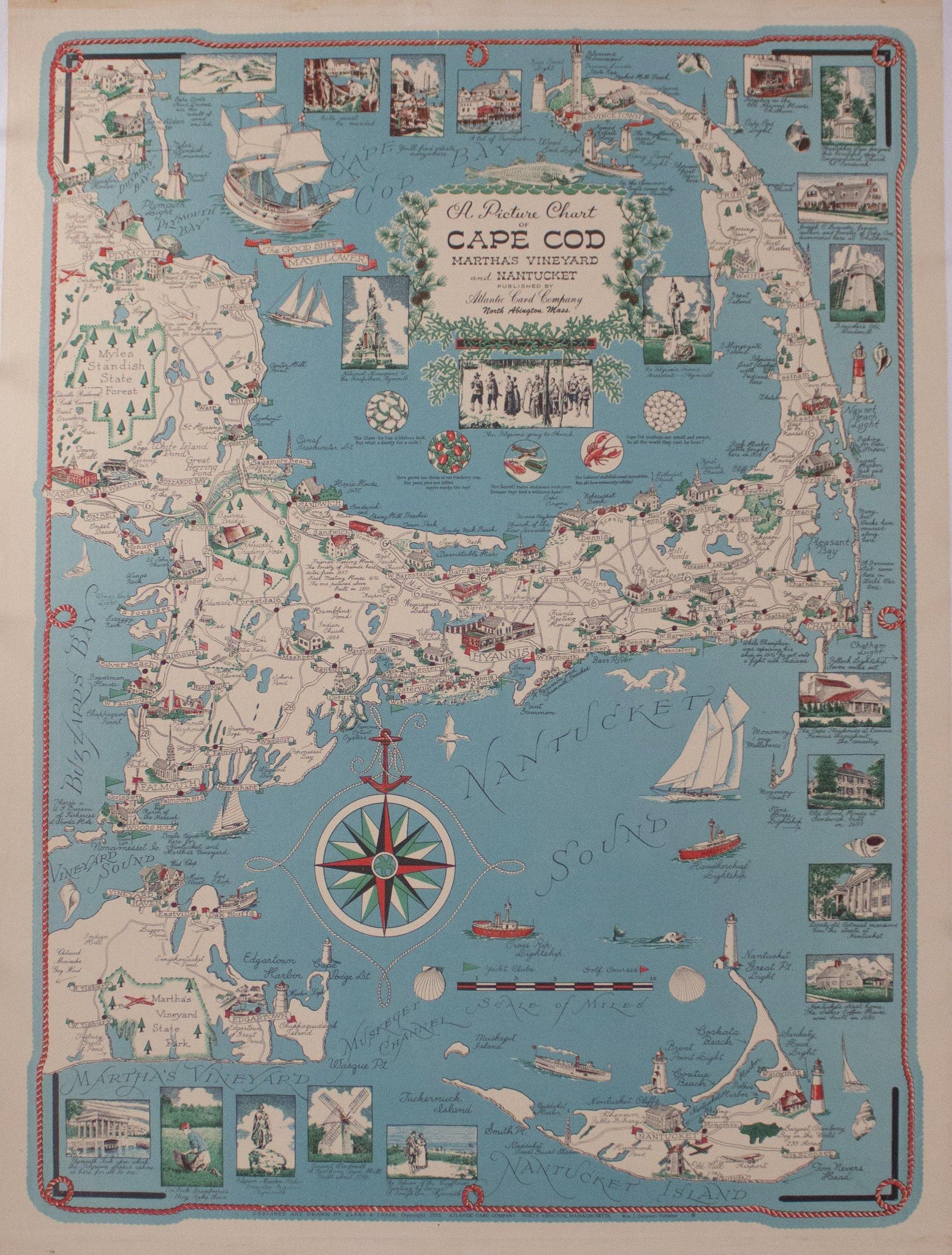 1955 Atlantic Card Company - A Picture Chart of Cape Cod, Martha's Vinyard, & Nanatucket - Golden Age Posters