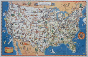 1934 Figural Map of The Greyhound Lines  - A Good Natured Map of the United States - Golden Age Posters