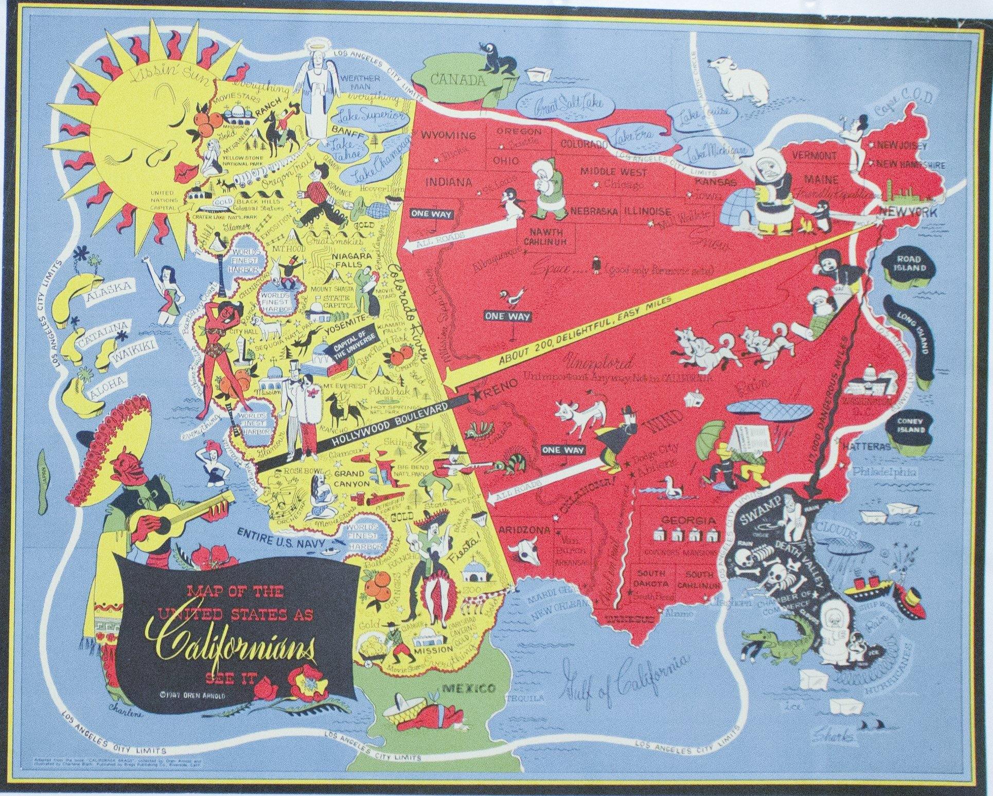 1947 Map of United States as Californians See It - Golden Age Posters