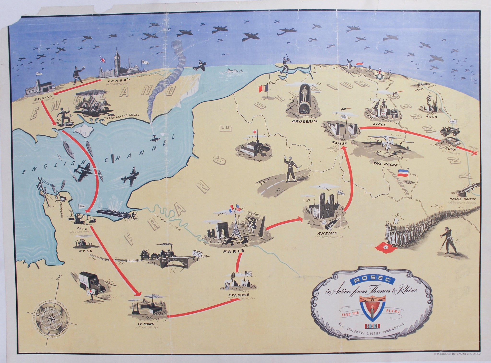 c. 1942 Pictoral/Illustrated Map - ADSEC In Action From Thames to Rhine Feed the Flame - Golden Age Posters