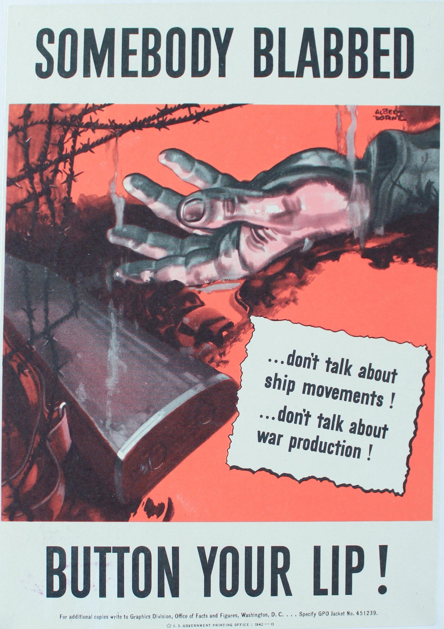 1942 Somebody Blabbed Don't Talk About Ship Movements! Button Your Lip! - Golden Age Posters