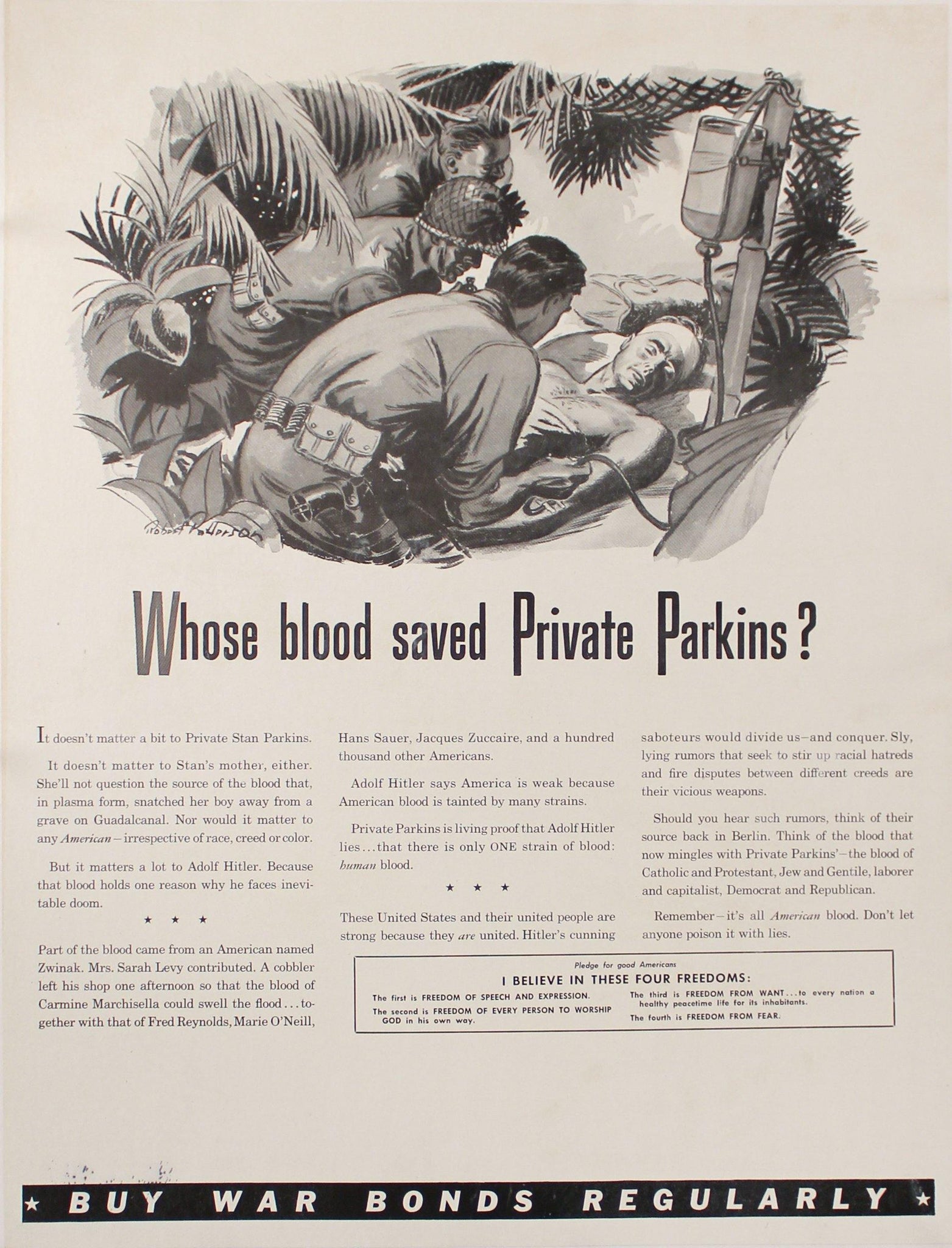 1942 Whose Blood Saved Private Parkins? Buy War Bonds Regularly - Golden Age Posters