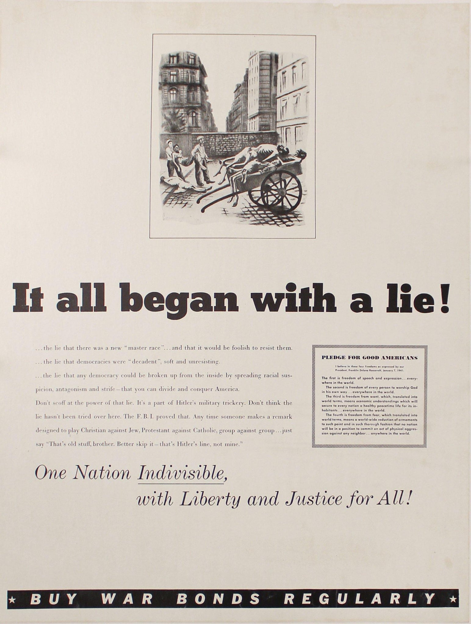 c. 1942 It All Began With A Lie! One Nation Indivisible, with Liberty and Justice for All! Bonds - Golden Age Posters