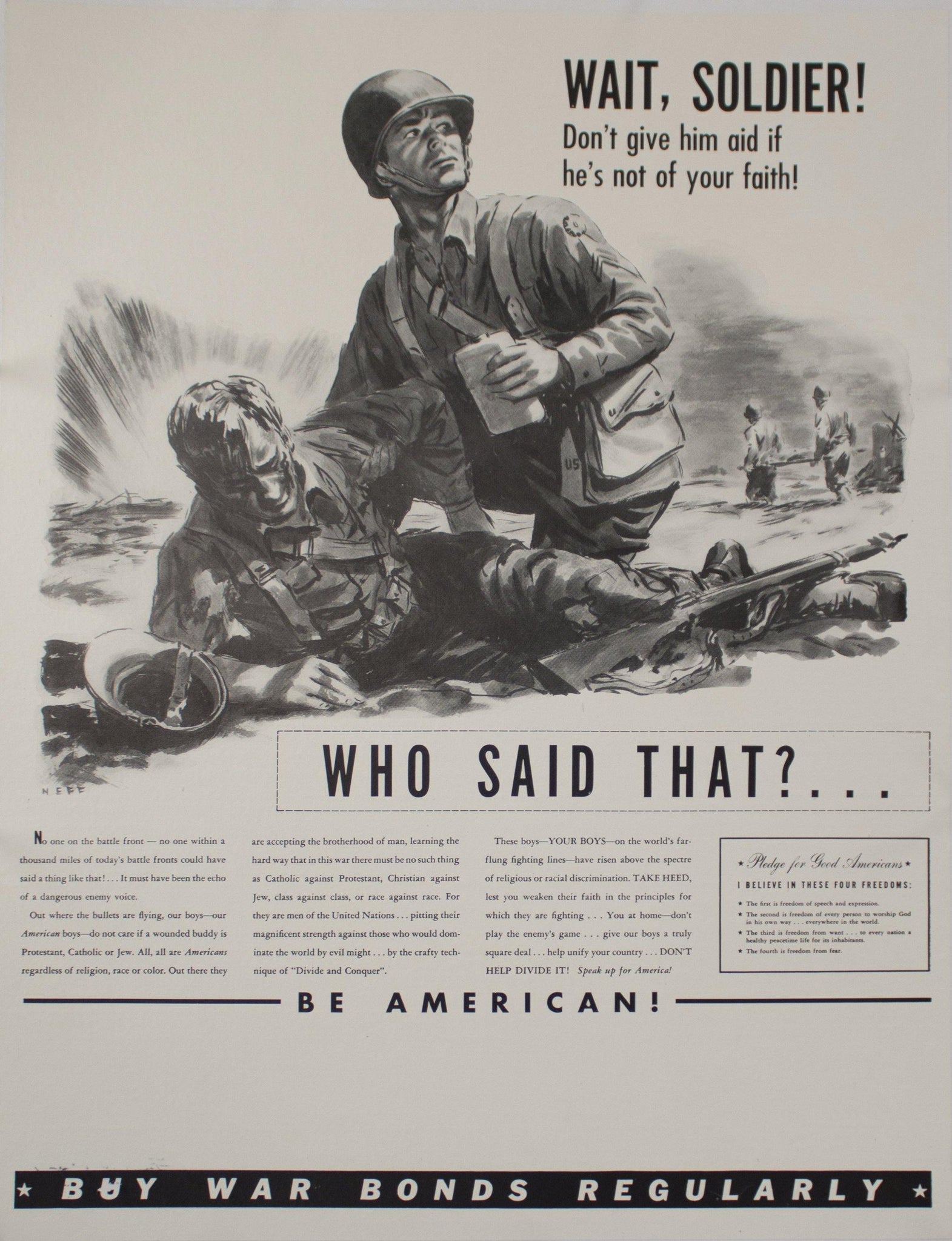 c. 1942 Wait, Soldier! Don't give him aid if he's not of your faith! - Golden Age Posters