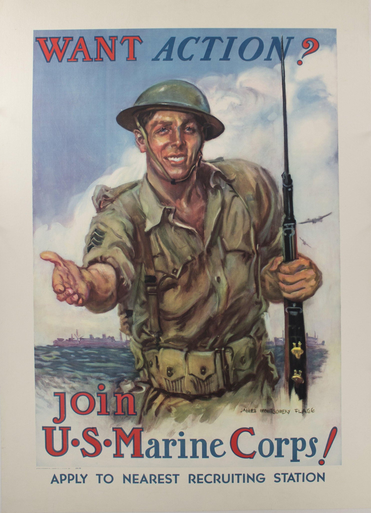 1942 Want Action? Join U. S. Marine Corps.! by James Flagg - Golden Age Posters