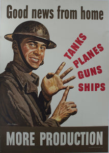 1942 Good News From Home | Tanks Planes Guns Ships | More Production - Golden Age Posters