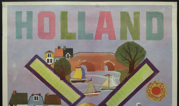 c.1950s Holland Travel by Berry Weekes Mid-Century Modern Tulips Windmill - Golden Age Posters