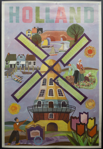 c.1950s Holland Travel by Berry Weekes Mid-Century Modern Tulips Windmill - Golden Age Posters